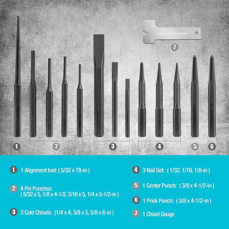DURATECH مجموعة 14 قطعة: دبابيس، مركز، مثاقب مسمار وأزاميل باردة، أداة محاذاة، تشمل مقياس، حقيبة قابلة للطي - Image 2
